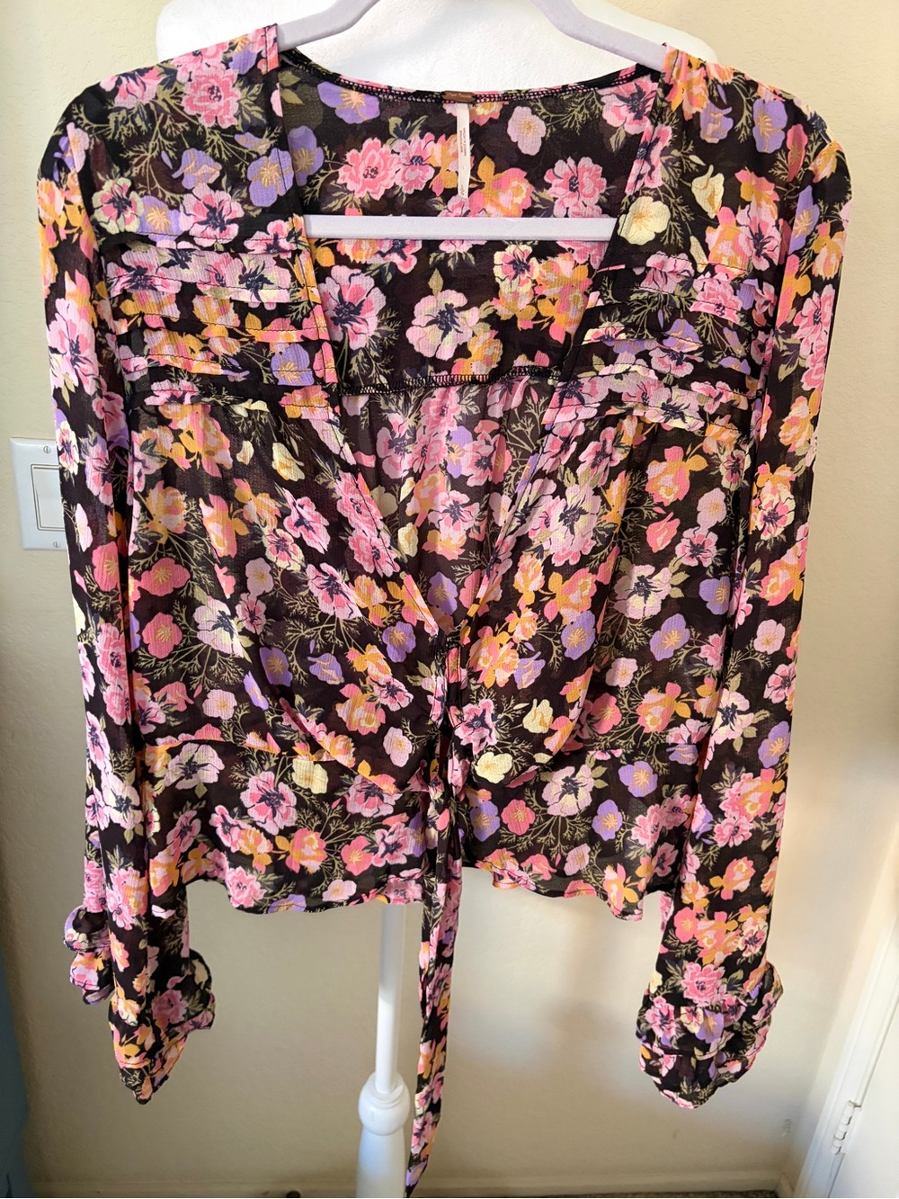 Free People Black Blouse with Pink, Purple & Yellow Floral Print Tie Front